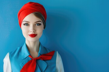 Poster - A woman wears a bright red scarf over her blue shirt, perfect for outdoor activities or adding a pop of color to your photo