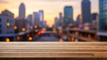 Wall Mural - The empty wooden table top with blur background of urban building. For product display