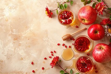 A still life composition featuring a table topped with bowls of fruit alongside a vase of flowers