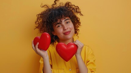 Poster - A smiling woman holds two red hearts, symbolizing love and affection