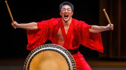 A man in a red robe holding drums and sticks, AI