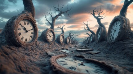 Canvas Print - A group of clocks are lined up in a row on the ground, AI