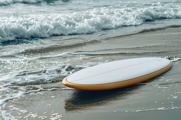 Poster - A surfboard rests on the sand near the ocean, perfect for a day of surfing or a relaxing vacation