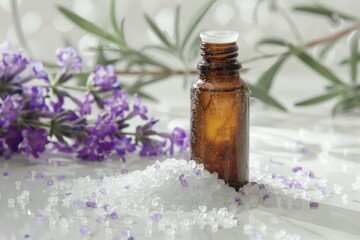 Poster - A beautiful arrangement of lavender flowers with an open bottle of essential oil nearby