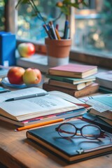 Poster - A wooden table covered with numerous books, ideal for studying or research