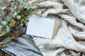 Poster - A simple white card sits on a table next to a bouquet of colorful flowers
