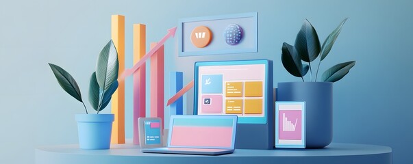 Fototapete - A modern workspace setup featuring vibrant charts, digital devices, and lush plants, ideal for business and productivity themes.