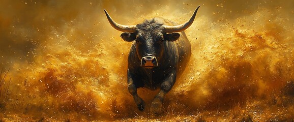 A black bull with long horns charges forward, kicking up dust as it runs.