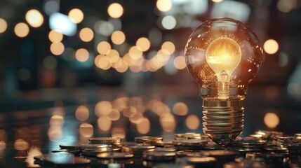 Aufkleber - A light bulb sits on top of a pile of coins, providing illumination