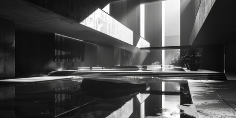 Poster - A black and white photo of an indoor pool located within a building