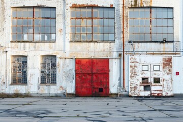 Poster - A red fire hydrant sits outside a building, ready for use