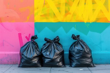 Poster - A photograph of trash bags leaning against a vibrant wall with various graffiti and street art
