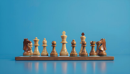 Wall Mural - Symbol of competition. Chessboard and chess pieces on a blue background