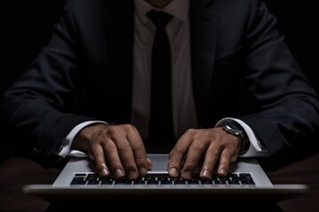 Wall Mural - A man in a suit typing away on his laptop, focused on his work