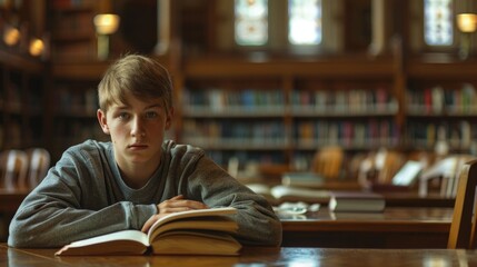 Canvas Print - A boy sitting at a table with an open book, perfect for illustrations or stock photos of childhood, education, and quiet moments