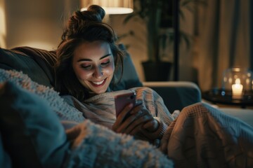 Sticker - A woman is seated on a couch, engaged in conversation on her cell phone