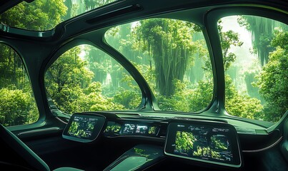 Futuristic Vehicle Interior with Lush Green Forest View