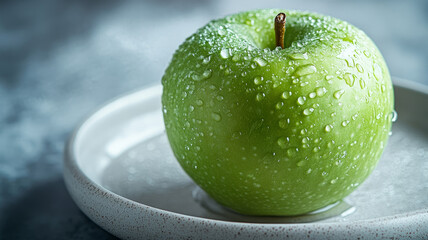 Green apple with water droplets on a white plate.