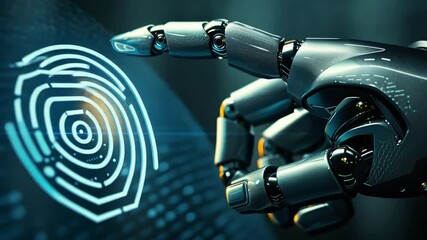 Aufkleber - A robot is pointing at a blue circle on a screen