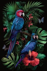 Poster - Two colorful birds sit on a branch, looking out