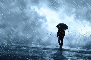 Poster - A person walks in the rain under their umbrella, seeking shelter from the storm