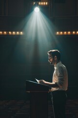 Aufkleber - A person speaking from a podium with a microphone, ideal for presentations and public speaking