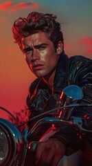 Wall Mural - A young man with a serious expression sits on a motorcycle, looking directly at the camera.  The sunset behind him is a vibrant red and orange.