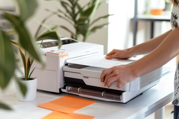 Poster - A person prints documents on a desk, possibly at home or office