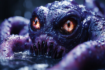 Poster - a monstrous, gel-like entity with a shifting form and countless eyes, emerging from a dark, liquid p