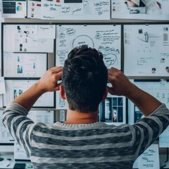 Man with hands on head looking at a wall covered in papers, overwhelmed with work.