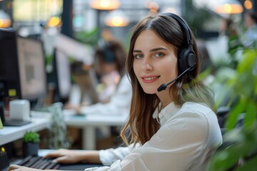 Wall Mural - A person sitting in front of a computer, wearing a headset