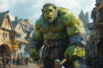 Poster - a hulking, green-skinned ogre with a club, rampaging through a medieval village. concept of fantasy 