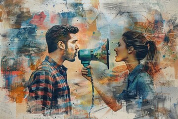 Aufkleber - A person holding a megaphone, with another person standing next to them
