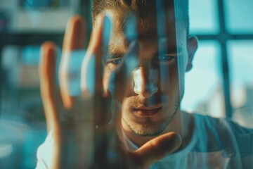 Poster - A person examining something outside a glass window