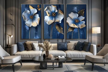 Wall Mural - Cozy living space with comfortable couch and decorative artwork on walls