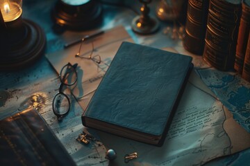 Aufkleber - A close-up of a book and pair of glasses placed on a table