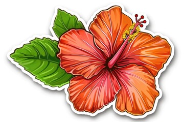 Sticker - A single red flower with green leaves on a white background, perfect for illustrations and designs