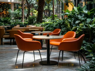 A modern patio with lush green plants and modern seating in a stylish contemporary setting