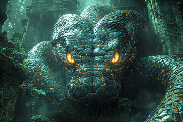 Wall Mural - A giant, scaly serpent coiling around an ancient temple, with glowing eyes peering out from the shadows. Concept of mythical serpents and forgotten ruins.