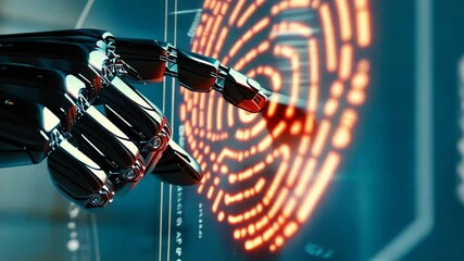 Aufkleber - A robot is pointing at a blue circle on a screen. The robot is made of metal and has a human-like appearance. The blue circle is a symbol that represents a security check or a password