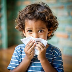 Child in Brazil holding a tissue while suffering from a cold indoors. Generative AI