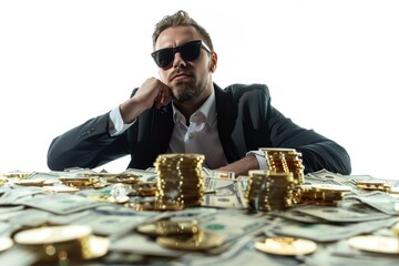 Poster - A person sitting at a desk with piles of currency, possibly indicating financial success or abundance