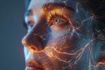 Poster - A close-up shot of a woman's face with her hair glowing, ideal for sci-fi or fantasy themed projects