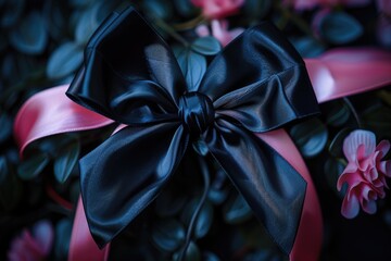 Poster - A single black bow tied to a pink ribbon, often used as a decorative element or symbol