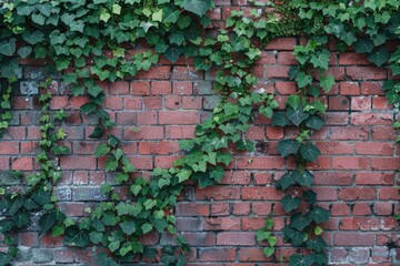 Sticker - A brick wall overgrown with lush green plants and vines