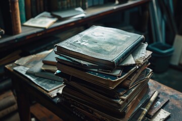 Aufkleber - A pile of books sits atop a wooden table, perfect for reading or display