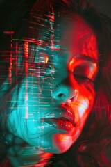 Poster - Close-up shot of a woman's face illuminated by red and blue lights