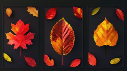 Poster - A collection of four colorful leaves on a dark background, suitable for use in presentations or designs related to nature and autumn