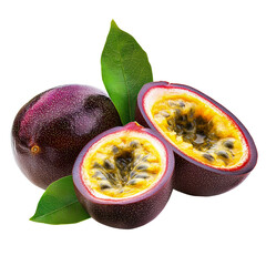 Passion fruit with leaves, whole and two halves isolated on transparent background, png cutout