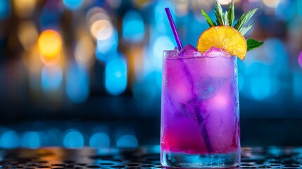 Purple cocktail with orange slice and mint garnish on bar counter with blurred lights in background.